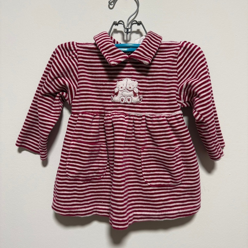 Vintage JJ Fashions Baby Girl Red‎ White Striped Velour Teddy Bear Dress 12M